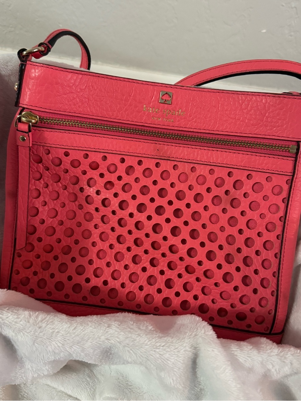 Kate Spade New York Coral Pink Perforated Leather Shoulder Bag Crossbody
